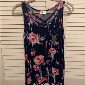 Lovely J Blue Floral Tank, Handkerchief Hem, Small